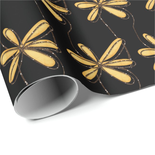 Papel De Presente margarida dourada a preto (Ponta do rolo)