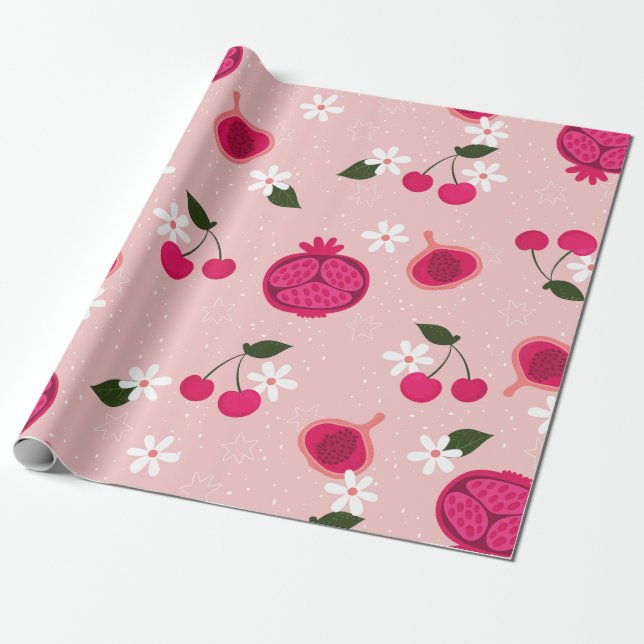 Papel De Presente margarida floral de fruta de romã rosa (Desenrolado)