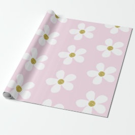 Papel De Presente Margarida Simples Branca Rosa Dourada