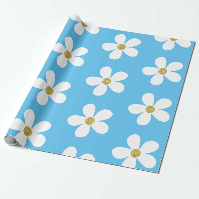Papel De Presente Margarida Simples Branco Azul Dourada (Desenrolado)