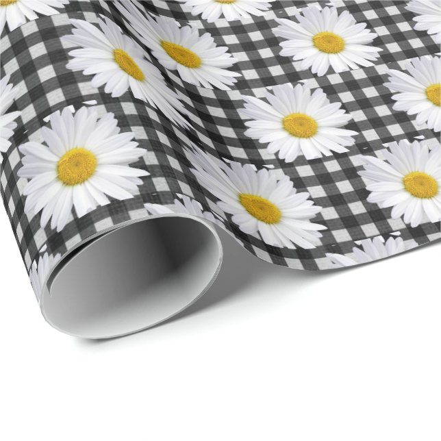 Papel De Presente Margaridas Brancas em Gingham  (Ponta do rolo)