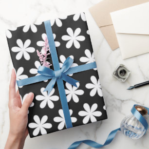 Papel De Presente Margaridas Brancas em Preto