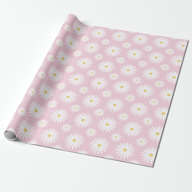 Papel De Presente Margaridas Brancas em Rosa (Desenrolado)