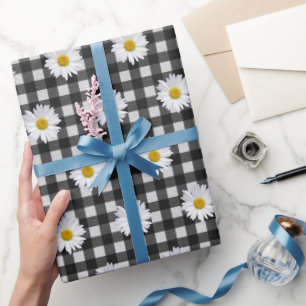 Papel De Presente Margaridas Brancas em Xadrez Preto e Branco