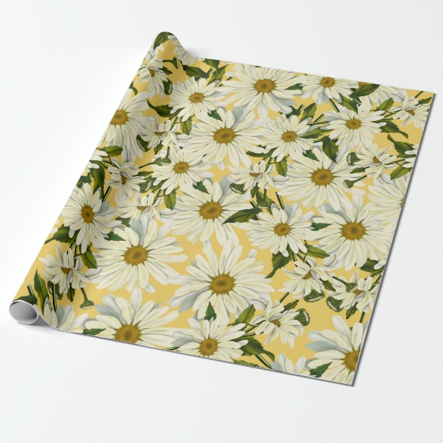 Papel De Presente Margaridas Brancas Flor Amarela Brilhante Festa (Desenrolado)