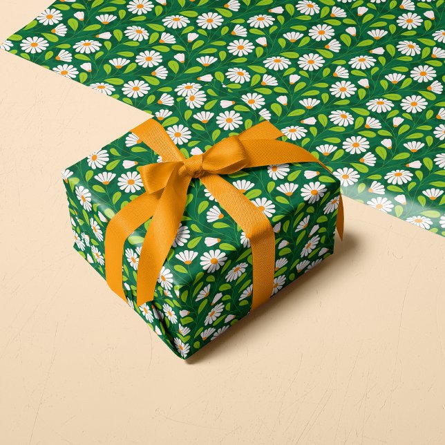 Papel De Presente Margaridas de Primavera Verde & Branco & Padrão de (Criador carregado)