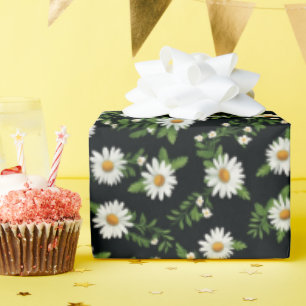 Papel De Presente Margaridas em Aquarela em Preto