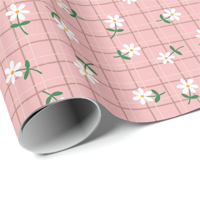 Papel De Presente Margaridas em Xadrez Rosa (escala grande) (Ponta do rolo)