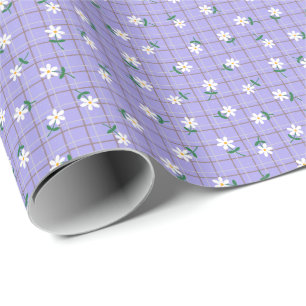 Papel De Presente Margaridas em Xadrez Roxo (pequena escala)