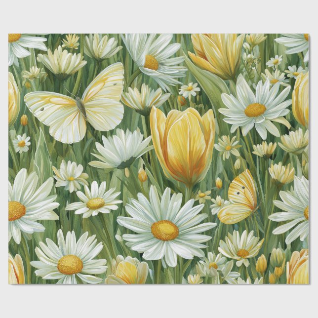 Papel De Presente Margaridas, Tulipas & Borboletas (Aberto)