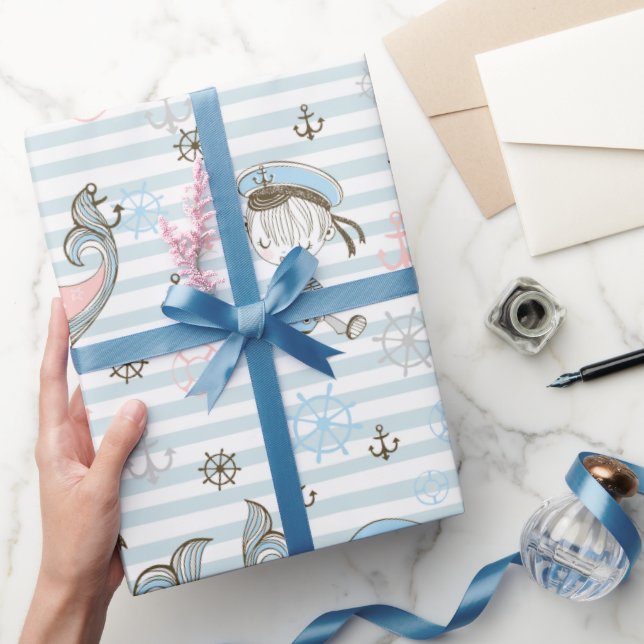 Papel De Presente Marinheiro Bebê Azul (Presentear)