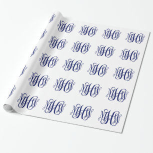 Papel De Presente Marinho Azul 3 Iniciais Vine Script Monograma DIY