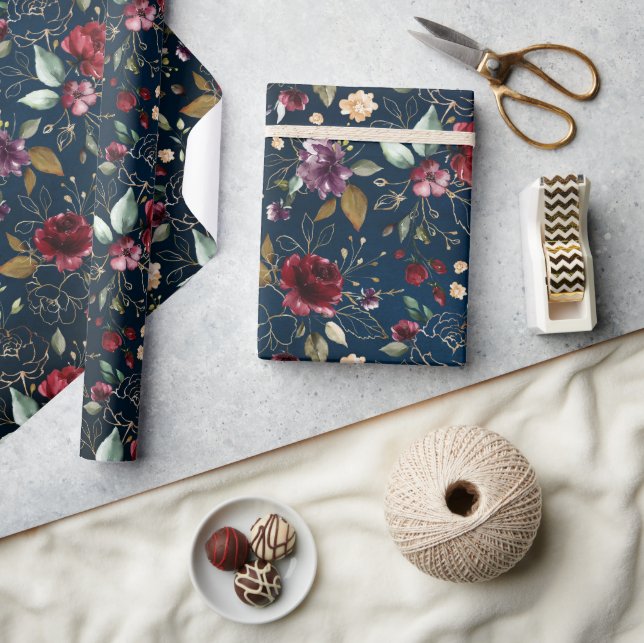 Papel De Presente Marinho Azul Blush Casamento Floral (Artesanato)