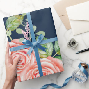 Papel De Presente Marinho Azul Blush Floral