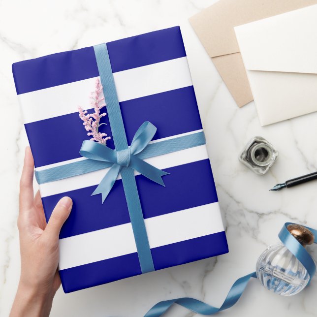 Papel De Presente Marinho Azul Branco Clássico Horizontal Strike (Presentear)