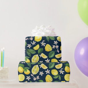 Papel De Presente Marinho Azul Citrus Lemon Floral