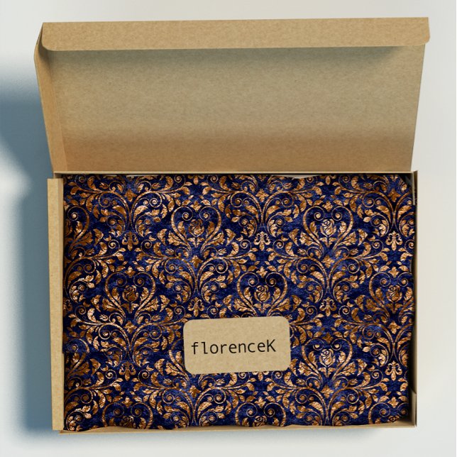 Papel De Presente Marinho Azul de Velvet e Velvet, Dourado Damasco R (Gold Royal Damask Crushed Velvet Blue Navy Copper Wrapping Paper)