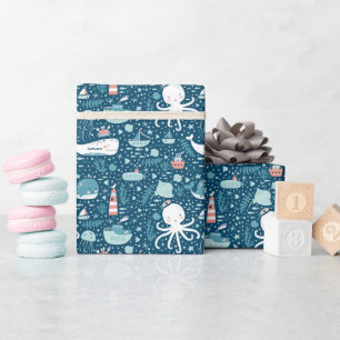 Papel De Presente Marinho, azul e branco, de padrão do oceano náut