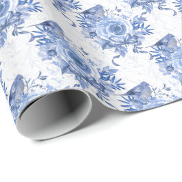 Papel De Presente Marinho azul e rosa branca Floral