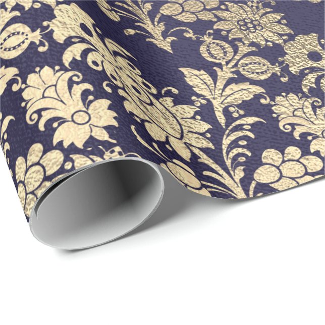 Papel De Presente Marinho Azul Foxier Chic Dourado Pó Floral (Ponta do rolo)
