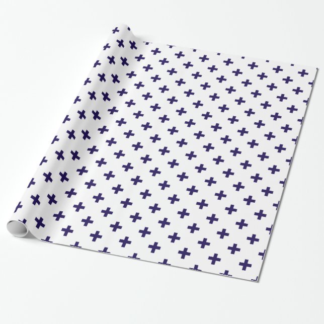 Papel De Presente Marinho azul polka cruza em branco (Desenrolado)