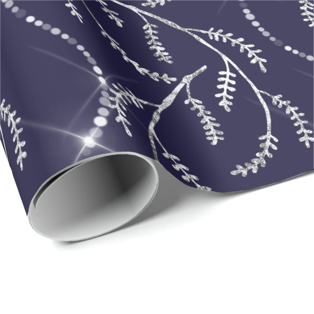 Papel De Presente Marinho azul Sparkly Laurel Floral Silver Diamante (Ponta do rolo)