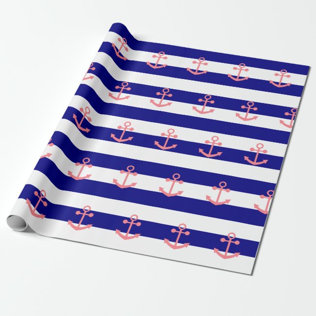 Papel De Presente Marinho Blue Stripes e Âncora Náutica Rosa Esbranq (Desenrolado)