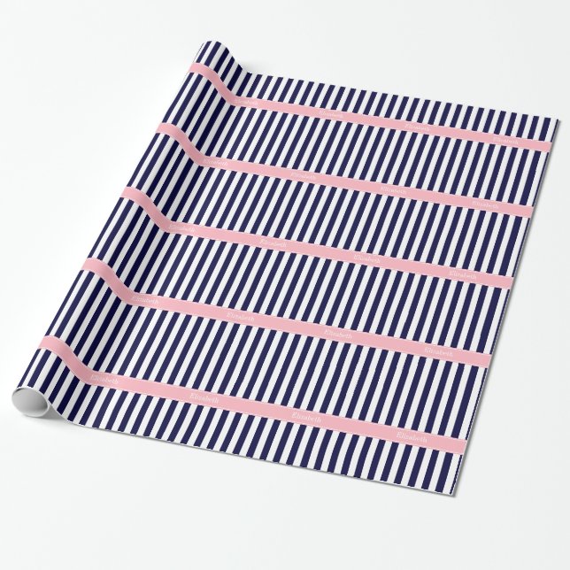 Papel De Presente Marinho Blue White Stripe Nome cor-de-rosa Monogra (Desenrolado)