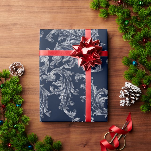 Papel De Presente Marinho Branco Azul Brocade Natal (Presente de Natal)