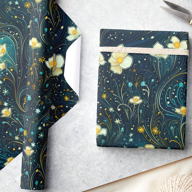 Papel De Presente Marinho Celestial Azul, Dourada Decoupage Floral (Criador carregado)