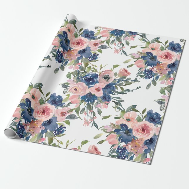 Papel De Presente Marinho de Aquarela e Floral Blush (Desenrolado)