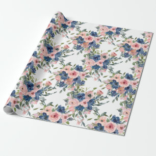 Papel De Presente Marinho de Aquarela e Floral de Blush