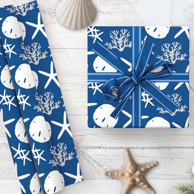 Papel De Presente Marinho de Dólar de Areia de Natal costeiro Azul (Criador carregado)