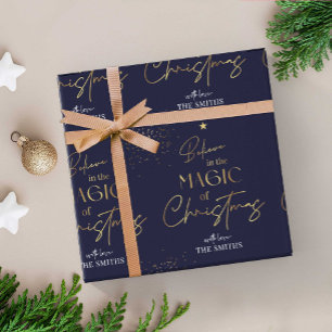 Papel De Presente Marinho de Nome da Caligrafia Dourada de Natal Per