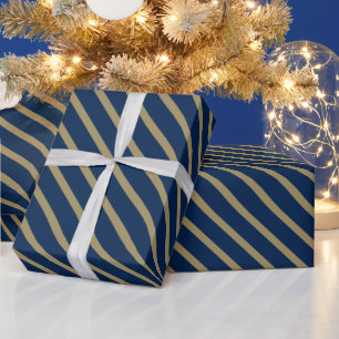 Papel De Presente Marinho de ouro de Natal Padrão de tiras azul 