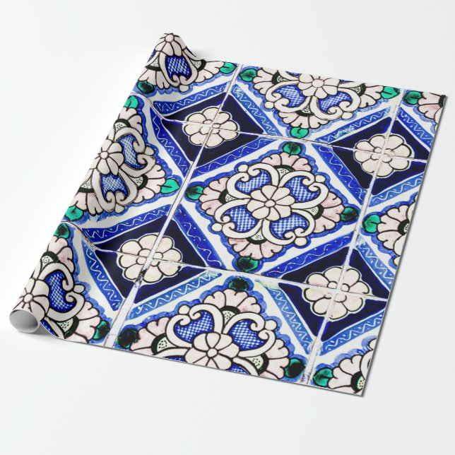 Papel De Presente Marinho de padrões espanhol russo Azulejo Azulejo  (Desenrolado)