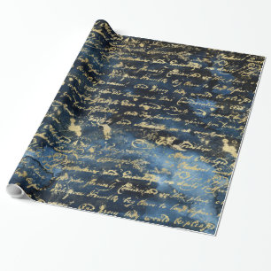 Papel De Presente Marinho de Script Dourado Antigo Azul