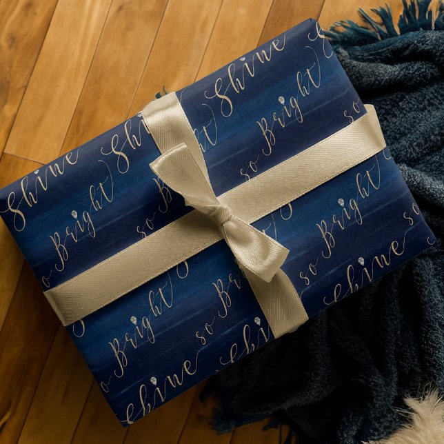 Papel De Presente Marinho Elegante Aquarela e Joias Brilham Tão Bril (Elegant Navy Watercolor & Jewels Shine So Bright Wrapping Paper)