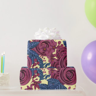 Papel De Presente Marinho Elegante Borgonha Floral