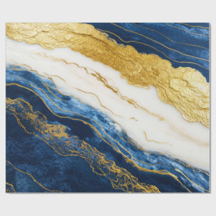 Papel De Presente Marinho Luxurioso Azul e Dourado Mármaco Folha