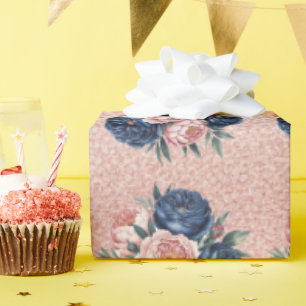 Papel De Presente Marinho Rosas Azuis e Casamento Dourado de Peony