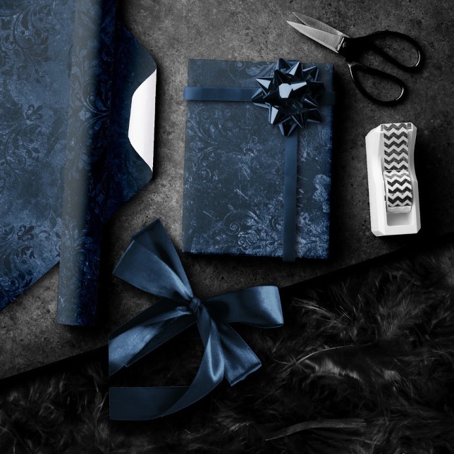 Papel De Presente Marinho Velvity Damask | Azul Escuro Barroco (Criador carregado)