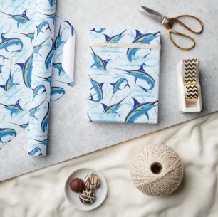 Papel De Presente Marlin Azul Saltando do Oceano