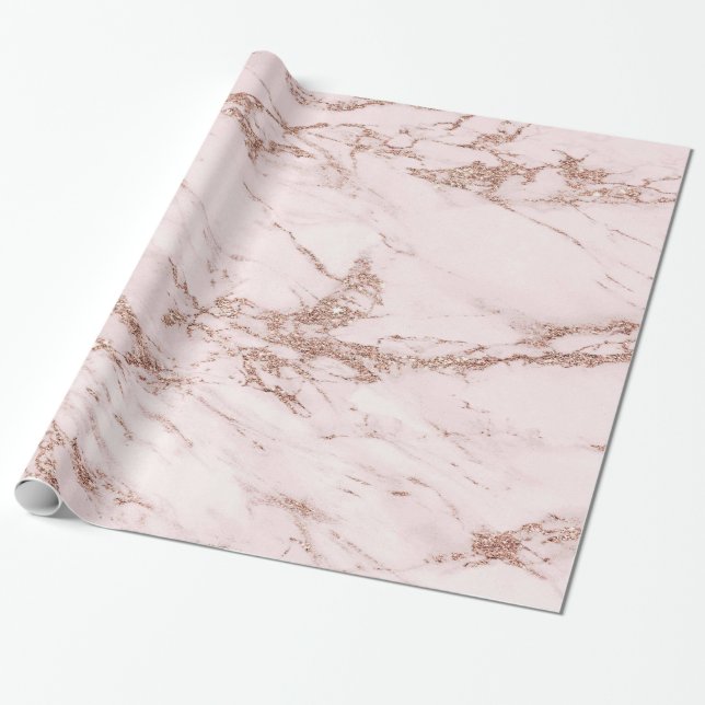 Papel De Presente Mármaco brilhante brilhante, cor-de-rosa, com Rosa (Desenrolado)