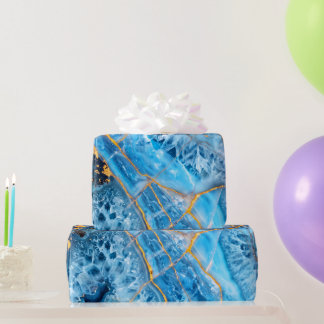 Papel De Presente Mármore Azul e Dourado