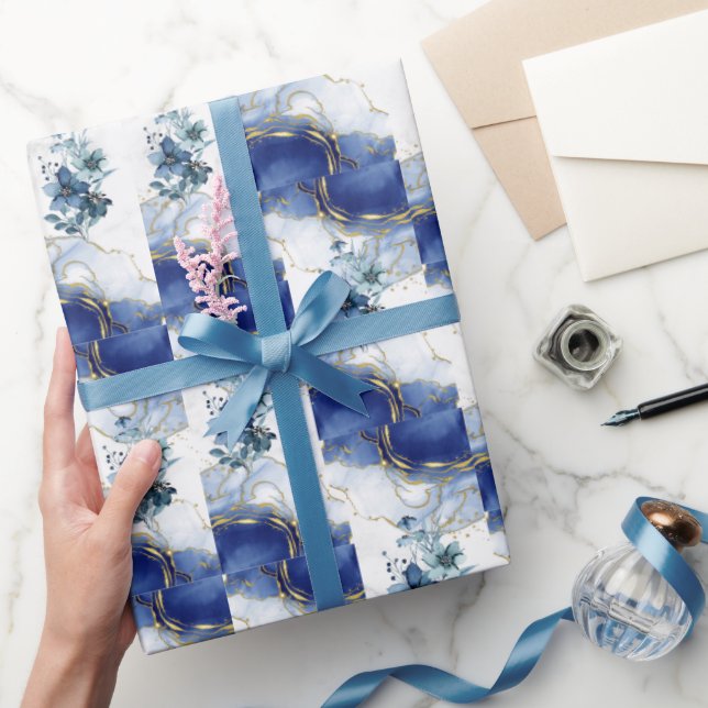 Papel De Presente Mármore Azul Elegante  (Presentear)