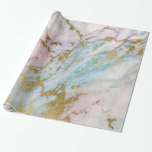 Papel De Presente Mármore Azul Rosa Pastel Dourado Metálico