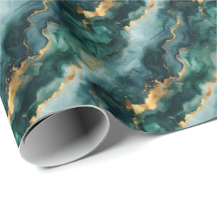 Papel De Presente Mármore Azul Turquesa / Verde / Dourado