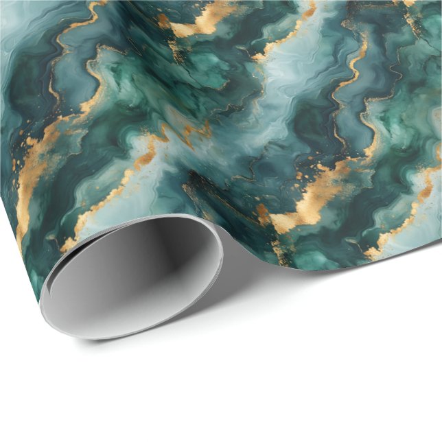 Papel De Presente Mármore Azul Turquesa / Verde / Dourado (Ponta do rolo)