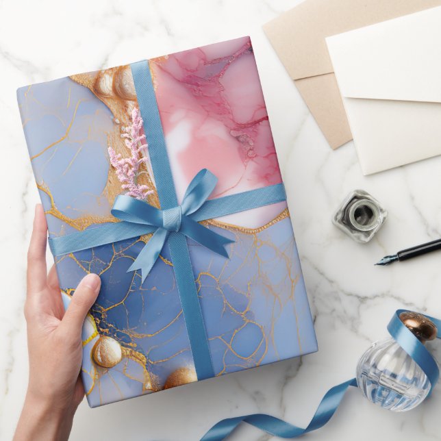 Papel De Presente Mármore Blush & Safira com Pérolas Douradas (Presentear)